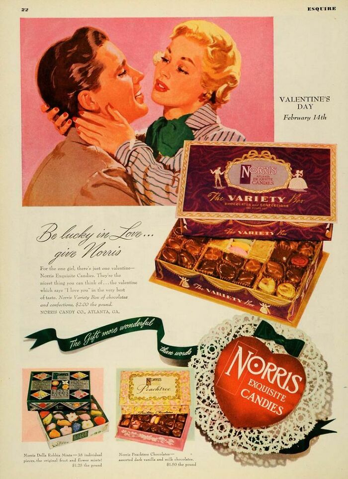 Vintage retro ad showing a romantic couple with Valentine’s Day chocolates from Norris Exquisite Candies.