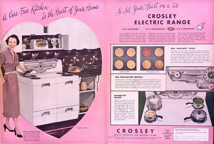 Retro Crosley electric range ad showcasing 1950s kitchen design and vintage home appliances in a nostalgic era setting.
