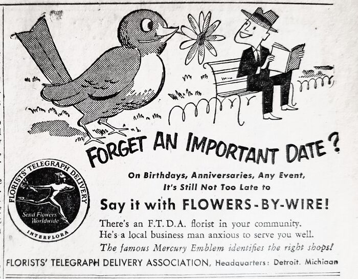 Vintage retro ad promoting florists' telegraph delivery with a cartoon bird and man, capturing retro ads nostalgia.