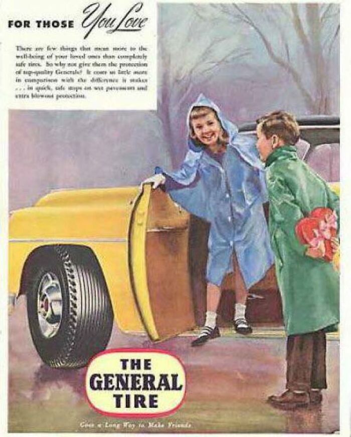 Vintage retro ad showing children by a yellow car tire, illustrating classic General Tire promotion capturing a different era.