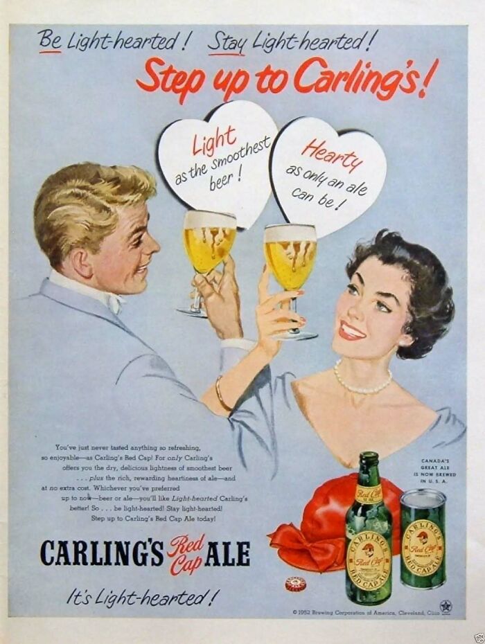 Retro ads featuring a man and woman toasting glasses of Carling's Red Cap Ale beer in a vintage style.