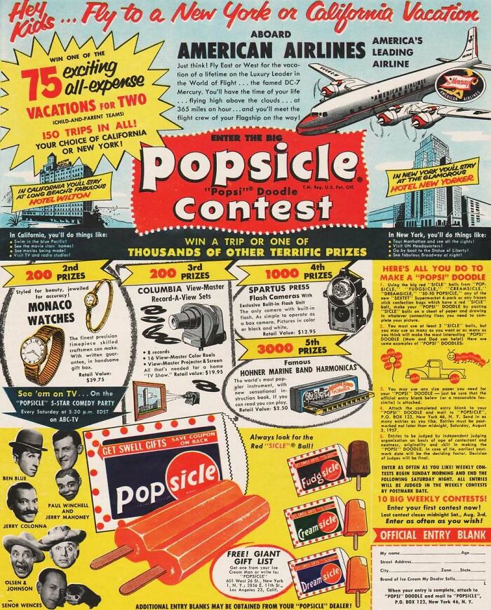 Retro ads featuring a Popsicle contest with prizes like trips, watches, cameras, and vintage American Airlines promotion.