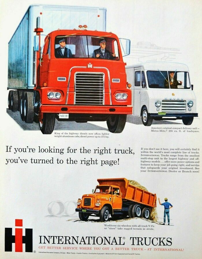 Retro ads featuring vintage International trucks with drivers and workers, capturing the essence of a different era.