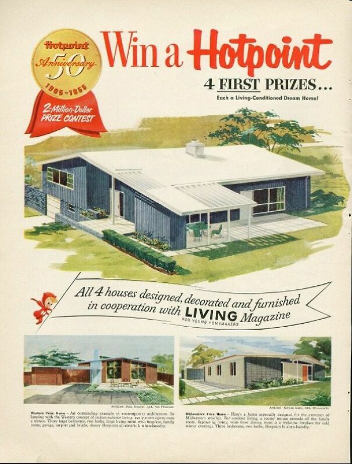 Retro ads showcasing mid-century home designs and contests capturing a different era in vintage advertising.
