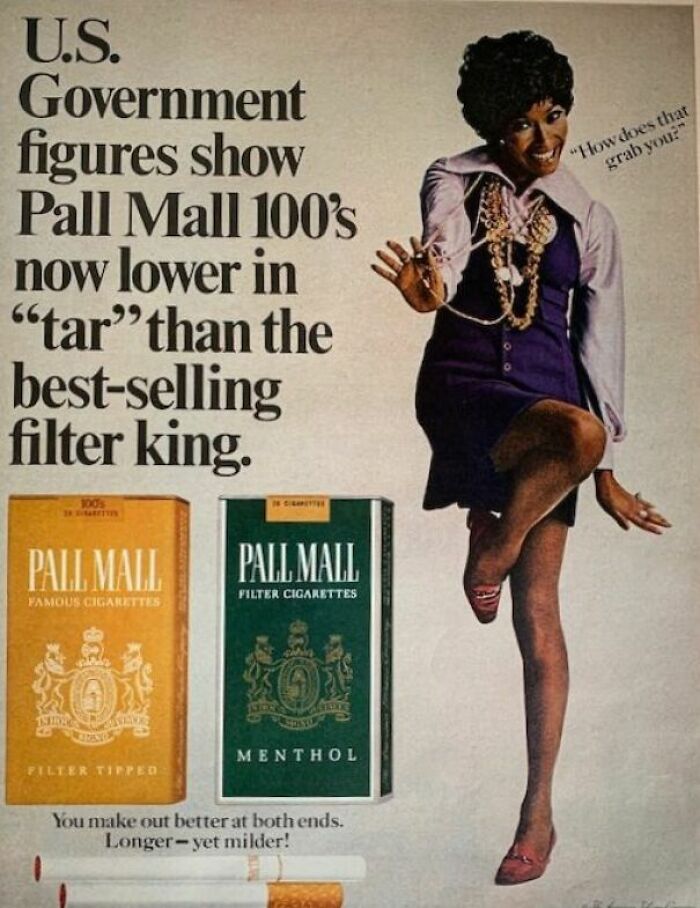 Retro ads showing vintage Pall Mall cigarette packs with a woman posing, capturing a different era style and design.