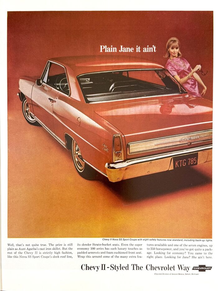 Vintage retro ads featuring a classic Chevy II Nova SS Sport Coupe from a different era with bold design and style.