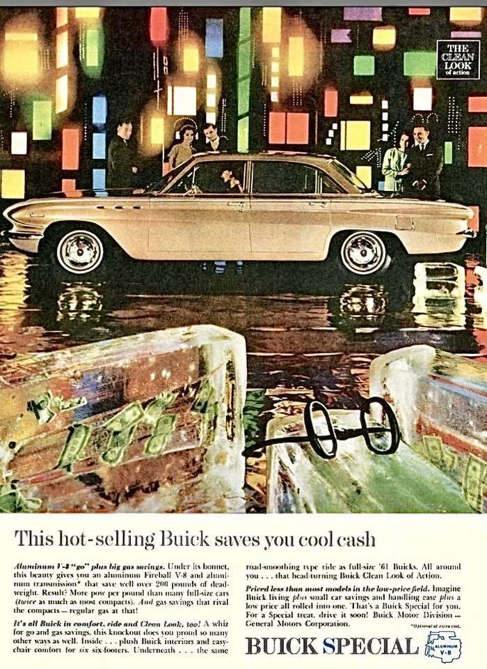 Vintage Buick Special car ad with a sleek design and people admiring it, showcasing retro ads from a different era.