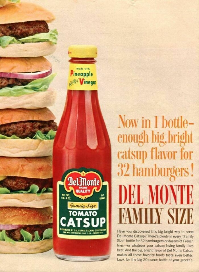 Retro ads featuring Del Monte tomato catsup bottle promoting family size and ketchup flavor from a different era.