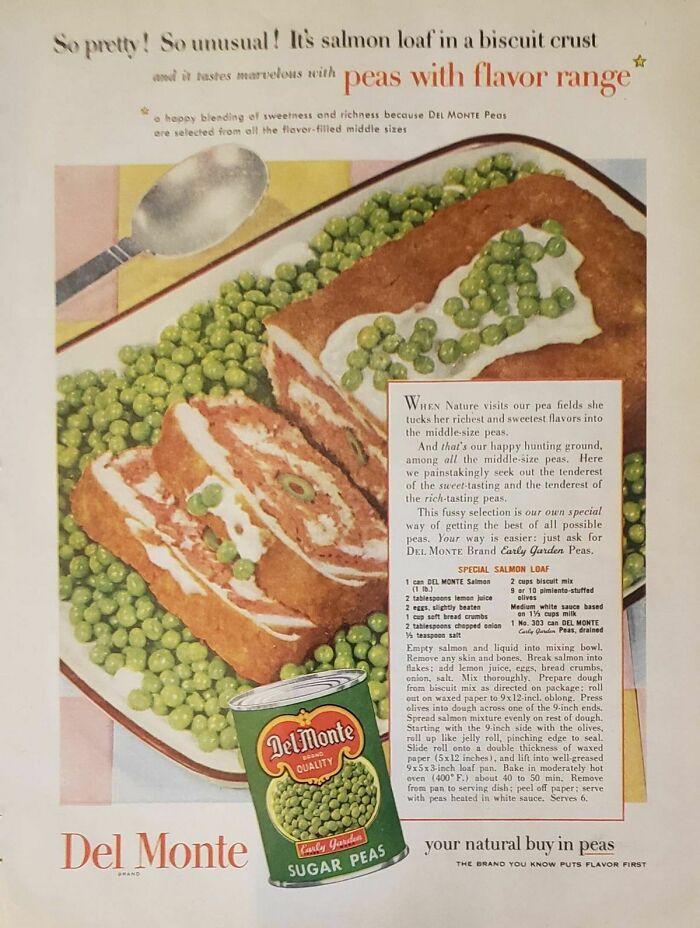 Vintage Del Monte retro ad showing a salmon loaf with peas, highlighting classic 118 retro ads that capture a different era.