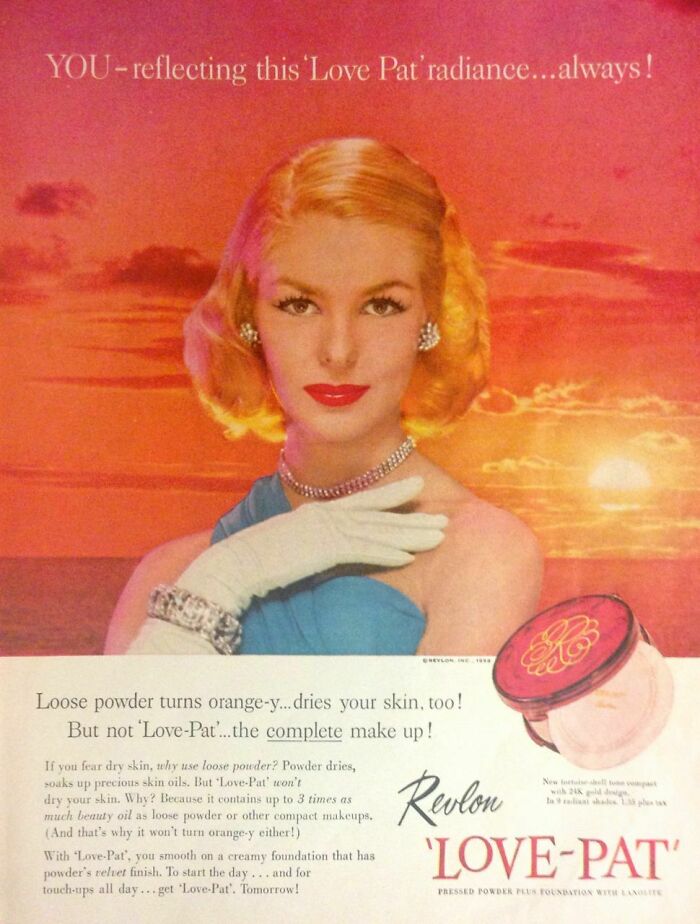 Vintage Revlon Love-Pat makeup ad featuring a glamorous woman, showcasing retro ads that capture a different era.