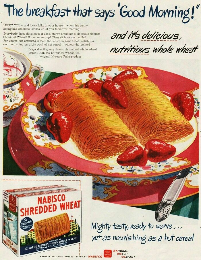 Vintage Nabisco Shredded Wheat ad showcasing retro breakfast with strawberries on decorative plates from a different era.