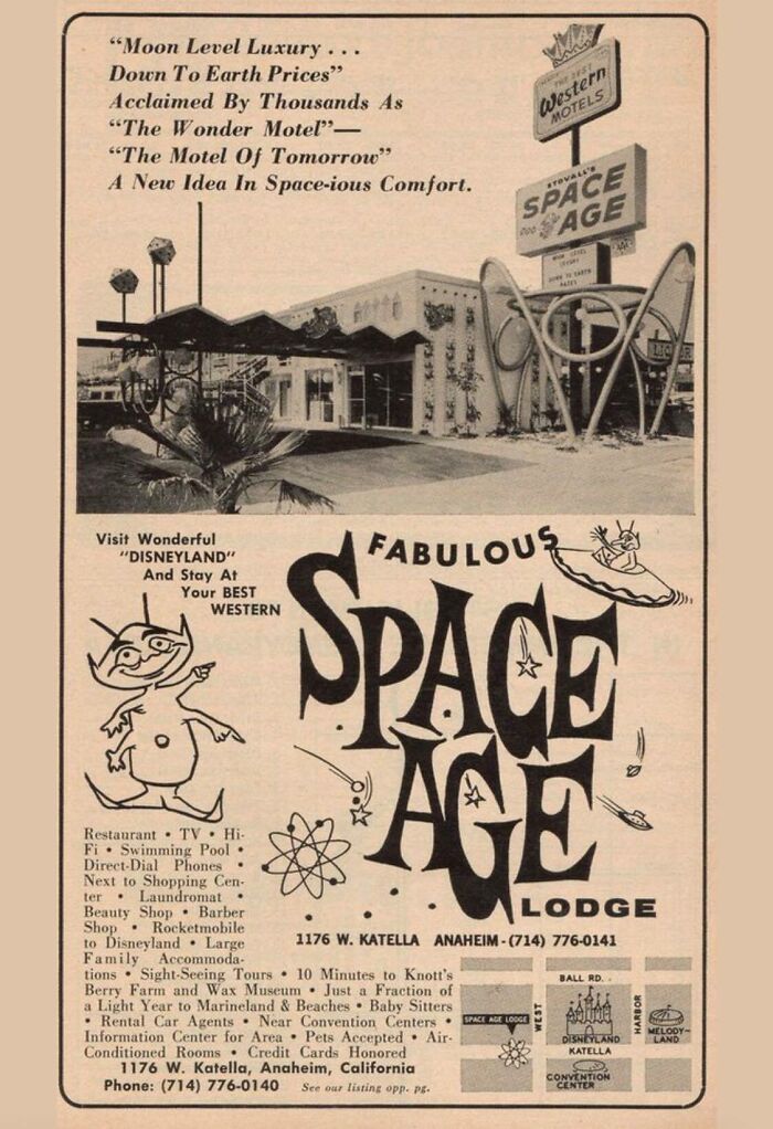 Retro ad for the Fabulous Space Age Lodge motel featuring space-age design and vintage travel amenities.