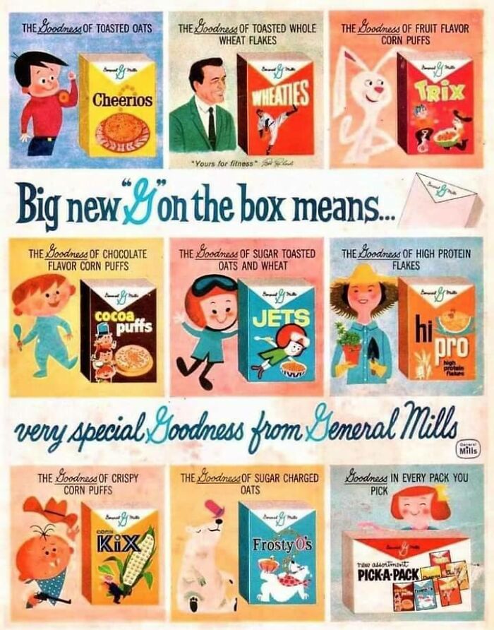 Vintage General Mills cereal ads showcasing various flavors and characters in retro style imagery.