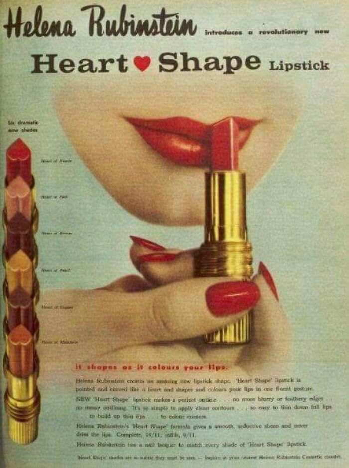 Vintage retro ads featuring Helena Rubinstein Heart Shape lipstick with six dramatic shades and bold red lips.
