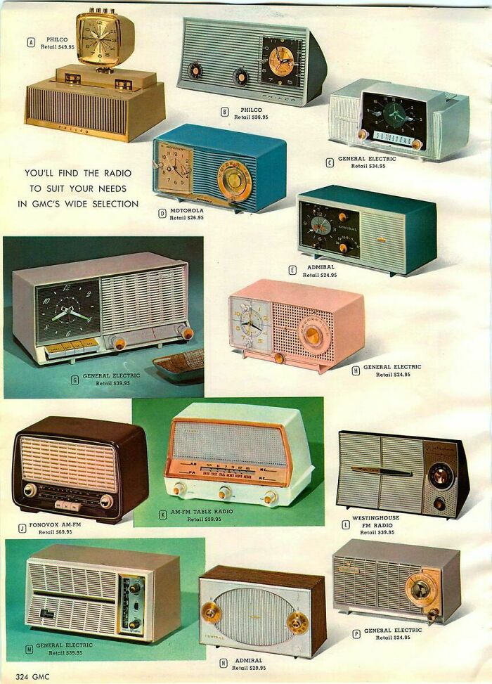 Collection of retro radios from various brands showcasing vintage design and style in classic advertising era.