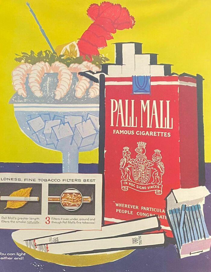 Retro ads featuring Pall Mall cigarettes with shrimp cocktail and detailed tobacco filter illustrations on bright background