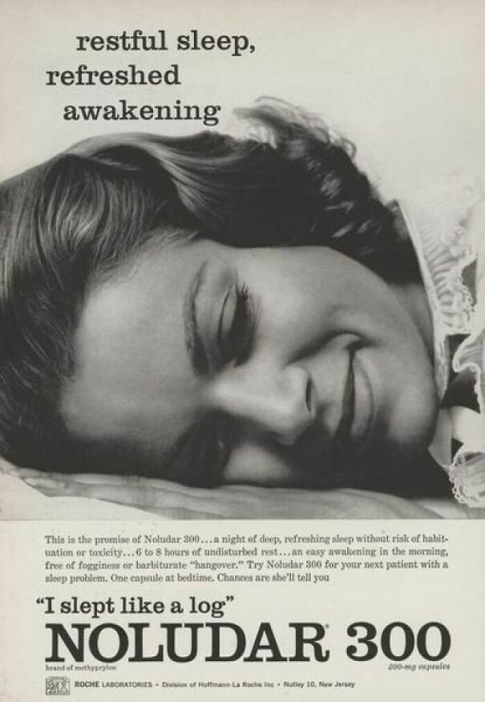 Black and white retro ad showing a woman peacefully asleep promoting Noludar 300 for restful sleep from a different era.