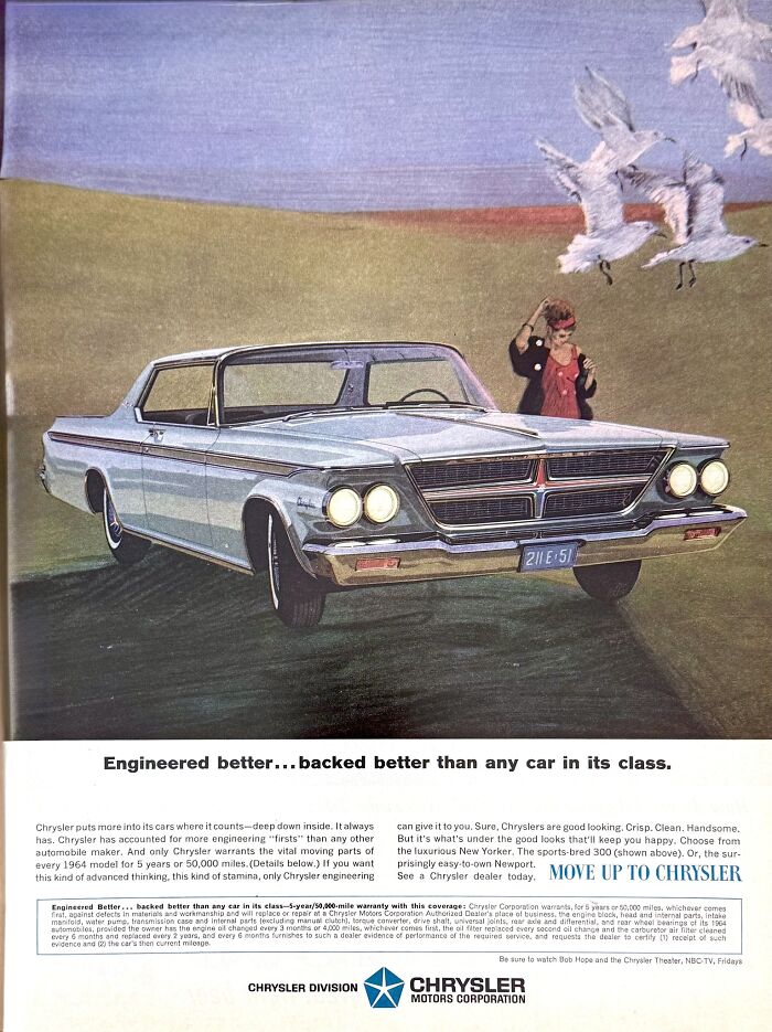 Vintage Chrysler car ad showing a classic vehicle with a woman and flying birds, highlighting retro ads from a different era.