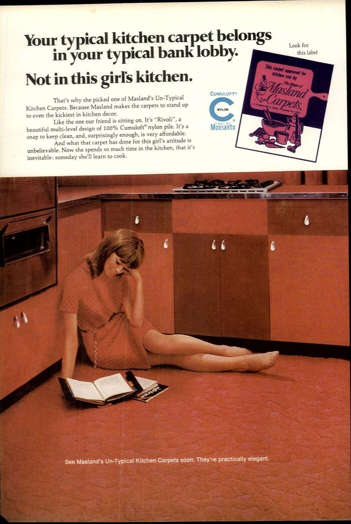 Vintage retro ads featuring a girl lounging on a kitchen carpet showcasing unique 1960s home decor styles and products.