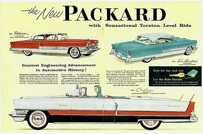 Vintage Packard car advertisement showcasing retro ads from a different era with classic automotive design and engineering details.