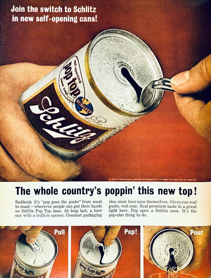 Vintage Schlitz beer ad showing new self-opening cans being opened and poured, highlighting retro ads from a different era.