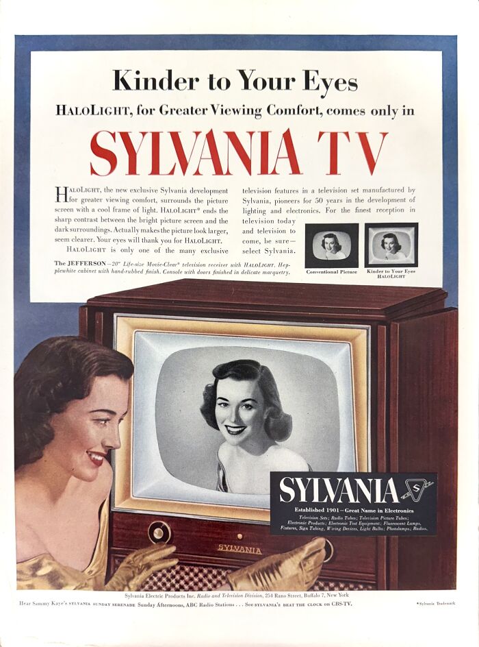 Vintage Sylvania TV ad promoting HaloLight technology for greater viewing comfort in classic retro ads capturing a different era.