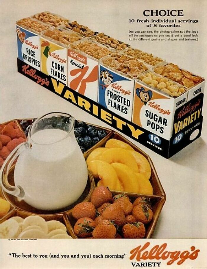 Vintage Kellogg's cereal variety pack retro ad showcasing multiple cereal boxes with fruit and milk on a serving tray.