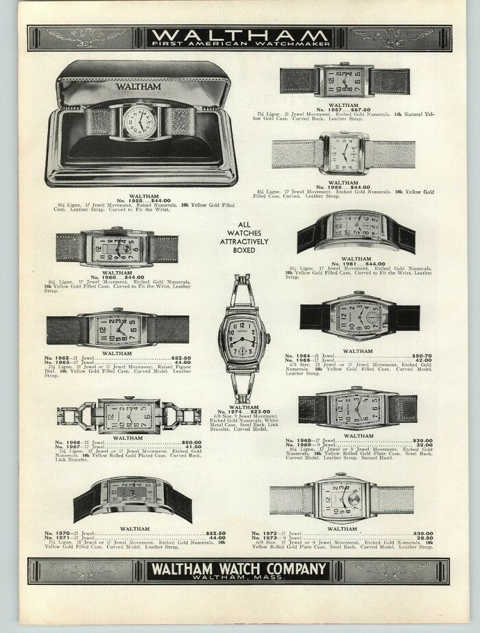 Vintage Waltham watch ad featuring various styles of boxed wristwatches from a different era retro ads collection.