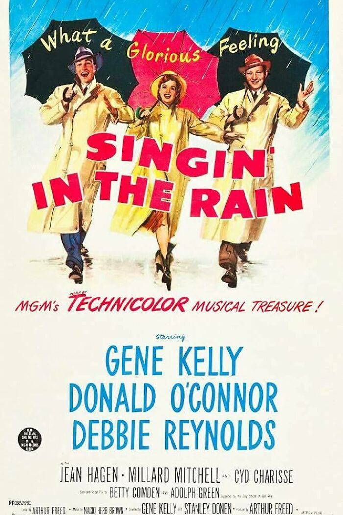 Vintage retro ads featuring Singin' in the Rain poster with Gene Kelly, Donald O'Connor, and Debbie Reynolds in raincoats.