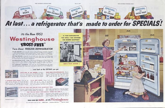 1953 Westinghouse refrigerator ad showing a woman and child with open fridge, illustrating retro ads capturing a different era