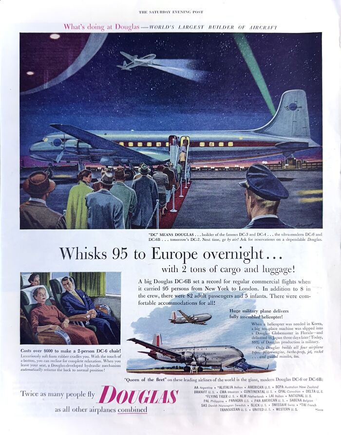 Vintage Douglas airplane advertisement showing passengers boarding at night in a classic retro ads style.