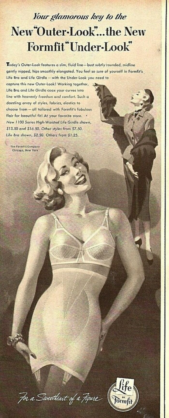 Vintage retro ads featuring women modeling Formfit lingerie promoting shape and comfort from a different era.