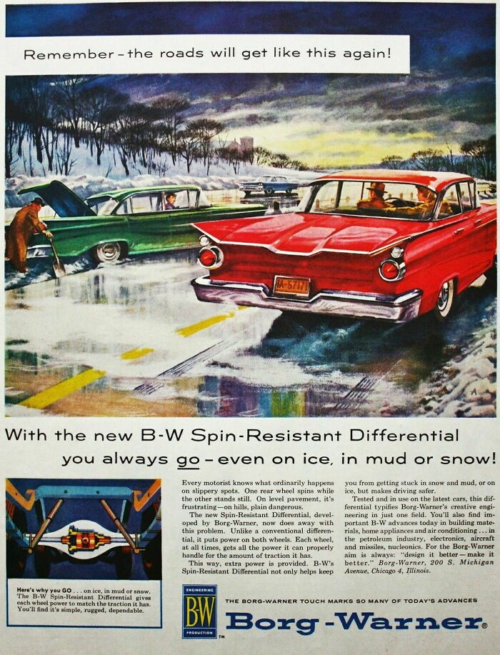 Vintage car advertisement showing retro cars on icy roads promoting spin-resistant differential technology in retro ads capturing a different era.