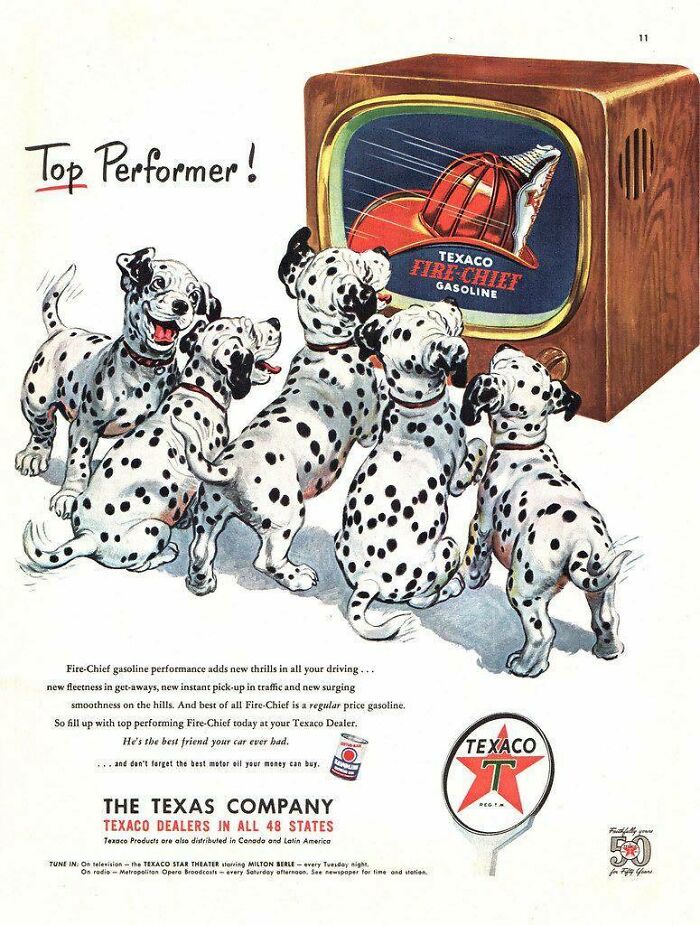 Retro ads featuring playful dalmatians watching a vintage TV promoting Texaco Fire-Chief gasoline performance.