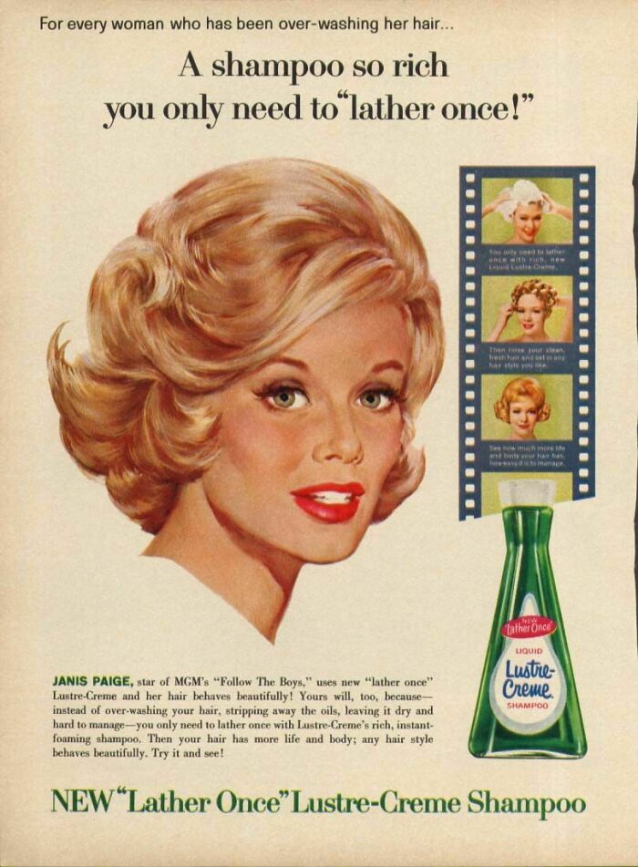Vintage shampoo ad featuring a woman with styled hair promoting rich lather and easy hair care in retro ads era.