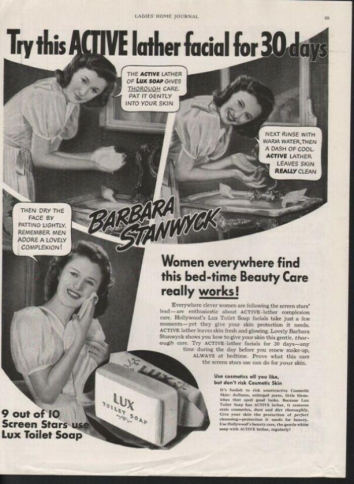 Vintage black and white retro ad featuring Lux Toilet Soap with actress Barbara Stanwyck promoting skincare routine.