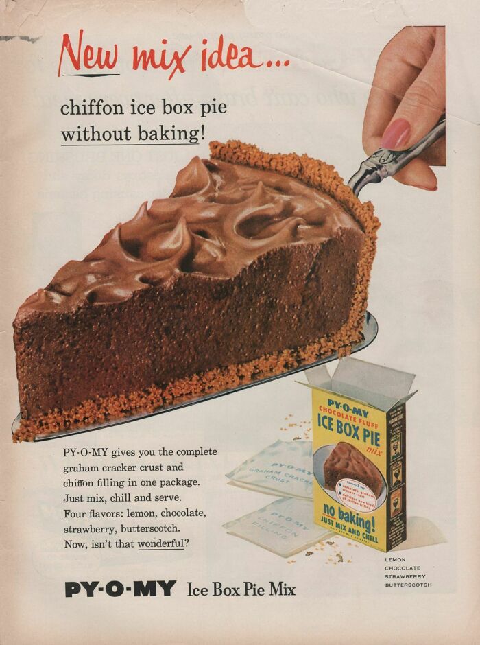 Vintage retro ads showcasing a chocolate chiffon ice box pie with no baking required and easy mix preparation.