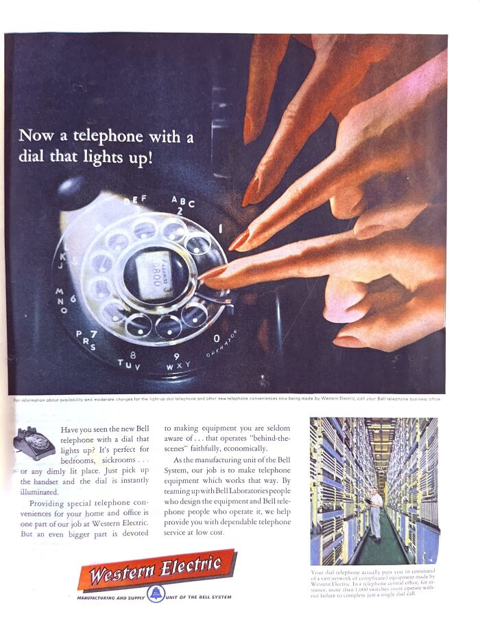 Retro ads vintage telephone with illuminated dial and Western Electric branding showcasing old communication technology.