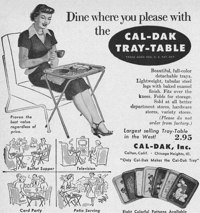 Black and white retro ad showing a woman using a Cal-Dak tray-table, illustrating vintage product design and lifestyle.