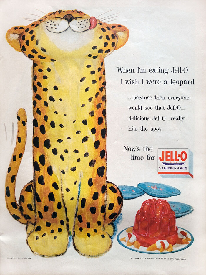 Vintage retro ad featuring a cheerful leopard and Jell-O dessert, capturing nostalgia from a different era.