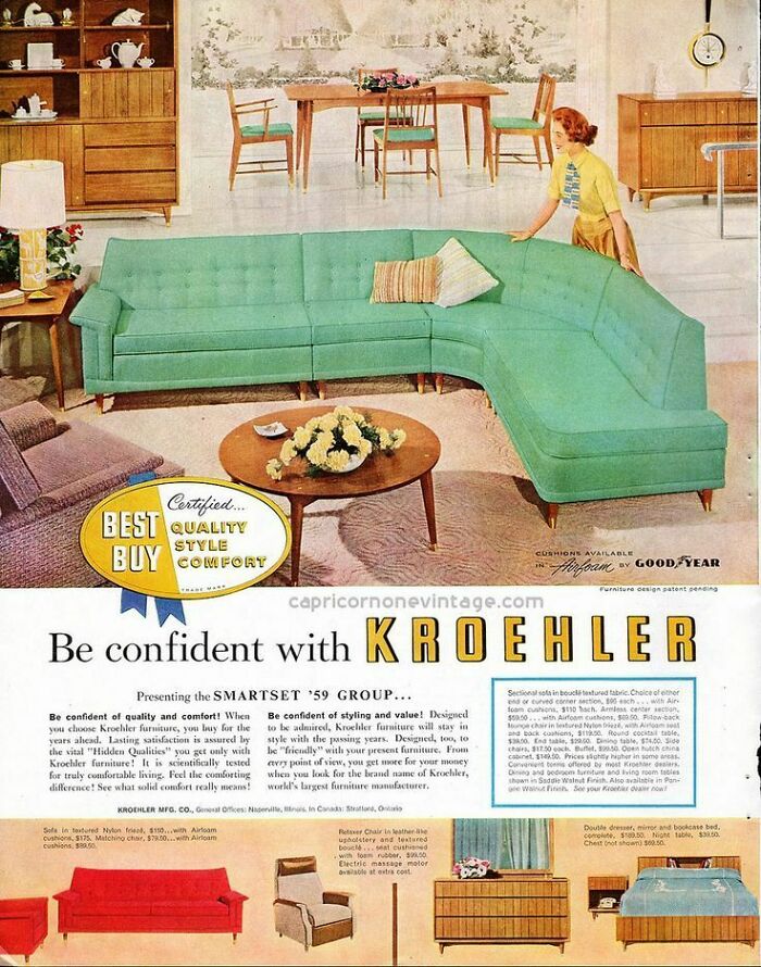 Retro ads showing stylish mid-century Kroehler furniture in a living room, showcasing vintage design and comfort.