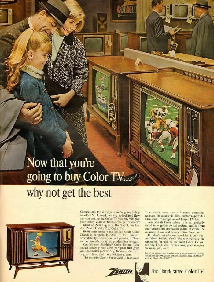 Family watching vintage retro ads for handcrafted color TV sets showing a football game in a 1960s living room.