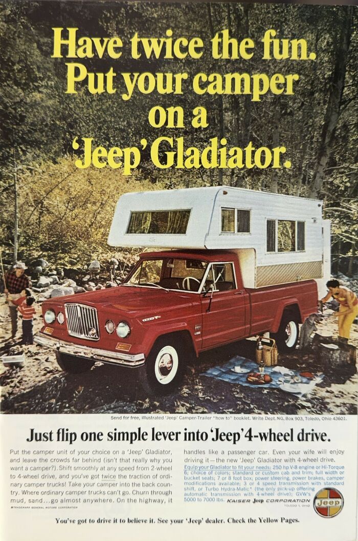 Retro ad showing a Jeep Gladiator truck with camper in a forest, highlighting 4-wheel drive for outdoor fun and camping.