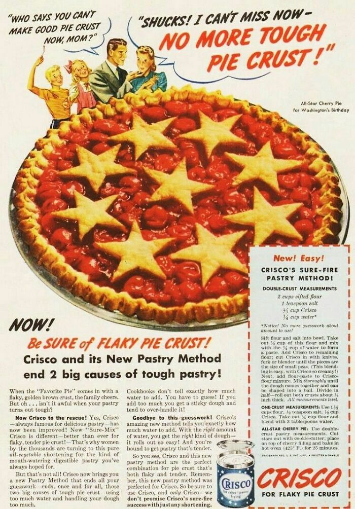 Vintage Crisco pie crust ad promoting flaky pastry with a cherry pie and family enjoying dessert in retro style