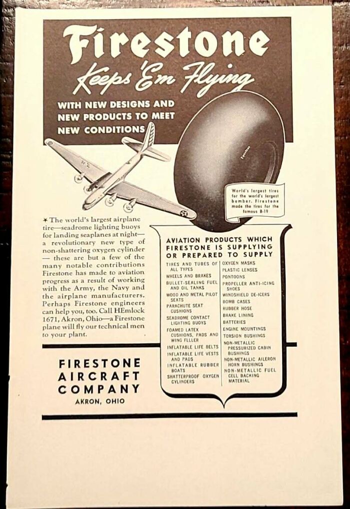 Vintage Firestone retro ad featuring aviation products and aircraft tires from Akron Ohio capturing a different era style.