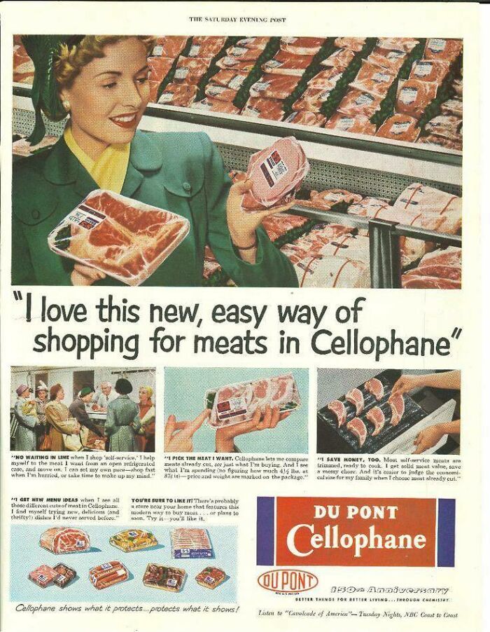 Vintage retro ad showing woman shopping for pre-packaged meats wrapped in Cellophane at a grocery store display.