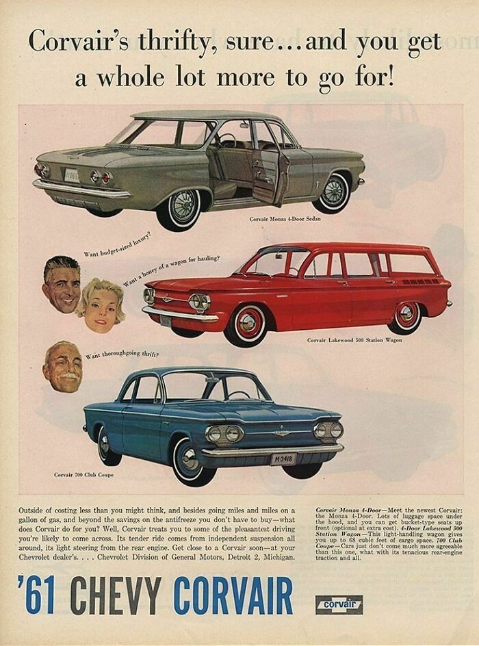 Vintage 1961 Chevy Corvair cars in retro ads showcasing different models and thrift features from a past era.