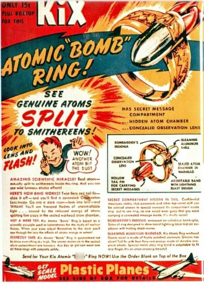 Vintage retro ads featuring the Atomic B**b Ring toy with secret compartments and scientific novelty from a different era.