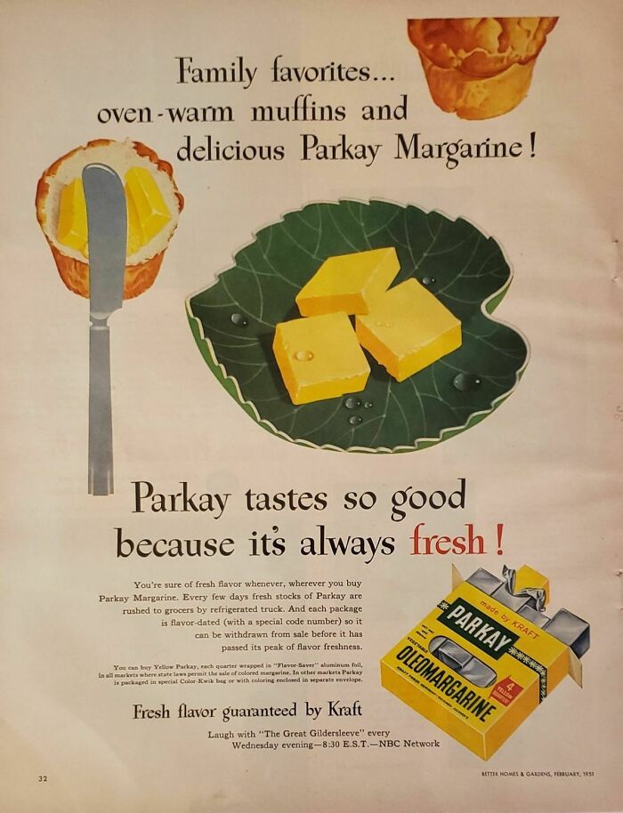 Vintage Parkay margarine retro ad showing fresh butter cubes on a leaf plate and oven-warm muffins for a nostalgic era.