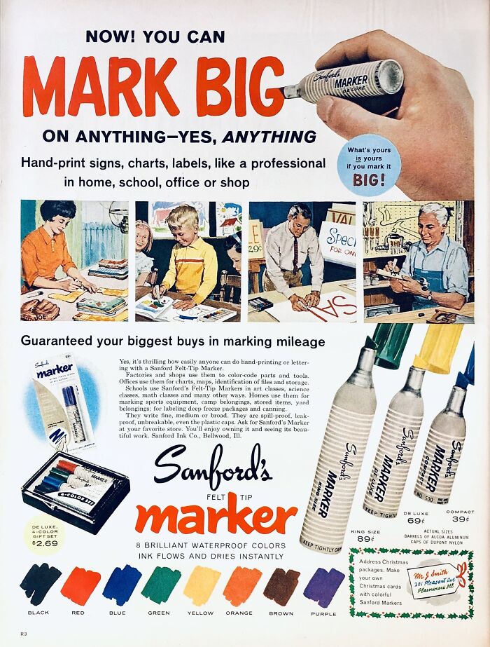 Retro ads for Sanford's felt tip markers showcasing bold colors and vintage design from a different era.